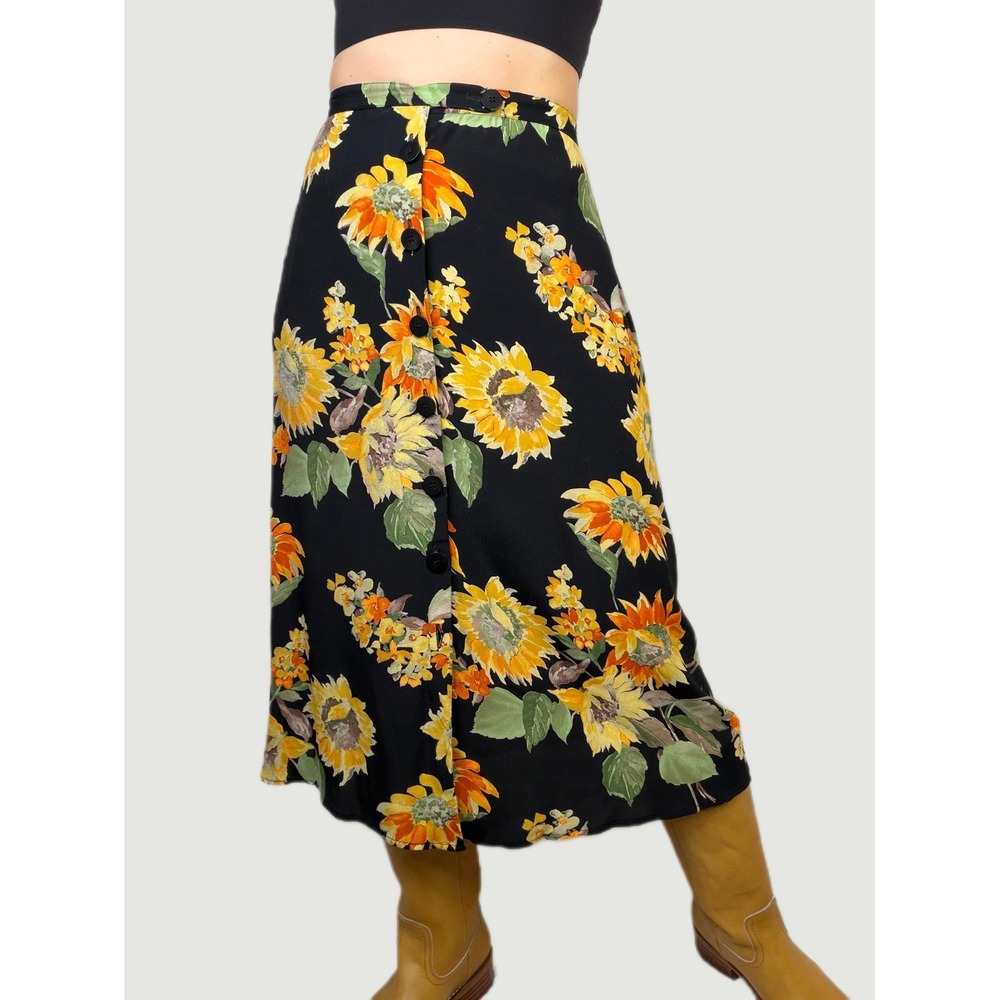 Carole Little Vintage Sunflower Button Front Midi Skirt Black Floral Print 90s S